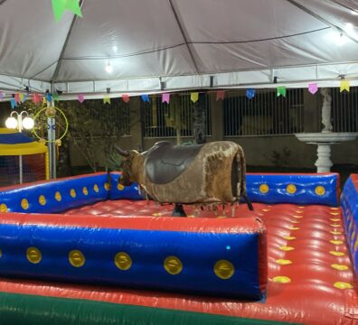 Bina Festas, aluguel de brinquedos infláveis, touro mecânico.