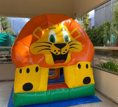 Bina Festas, aluguel de brinquedos infláveis, pula-pula leão.
